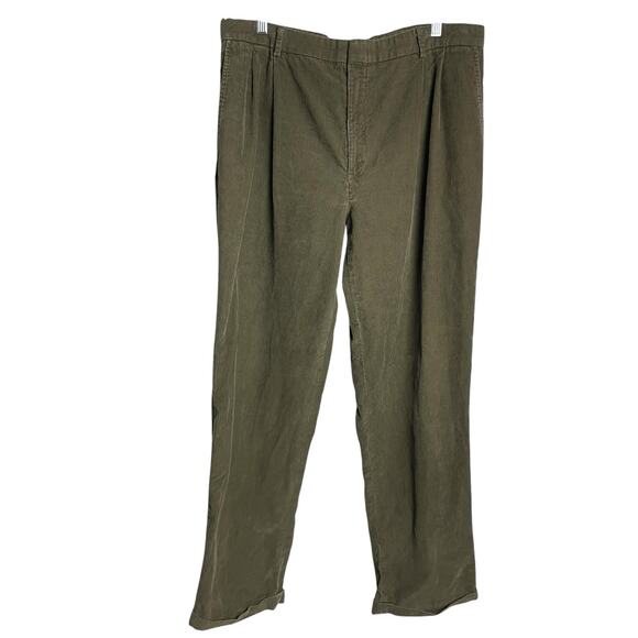 Vtg Lands End Corduroy Pants Mens 38R Olive Green 100% Cotton Pleated Cuffed - Picture 1 of 11